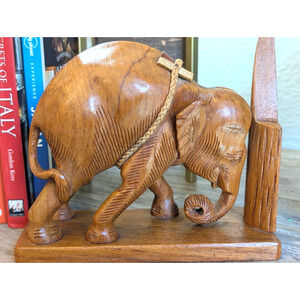 Vintage Hand Carved Wood Elephant Bookend Single Boho Safari Decor Hardwood